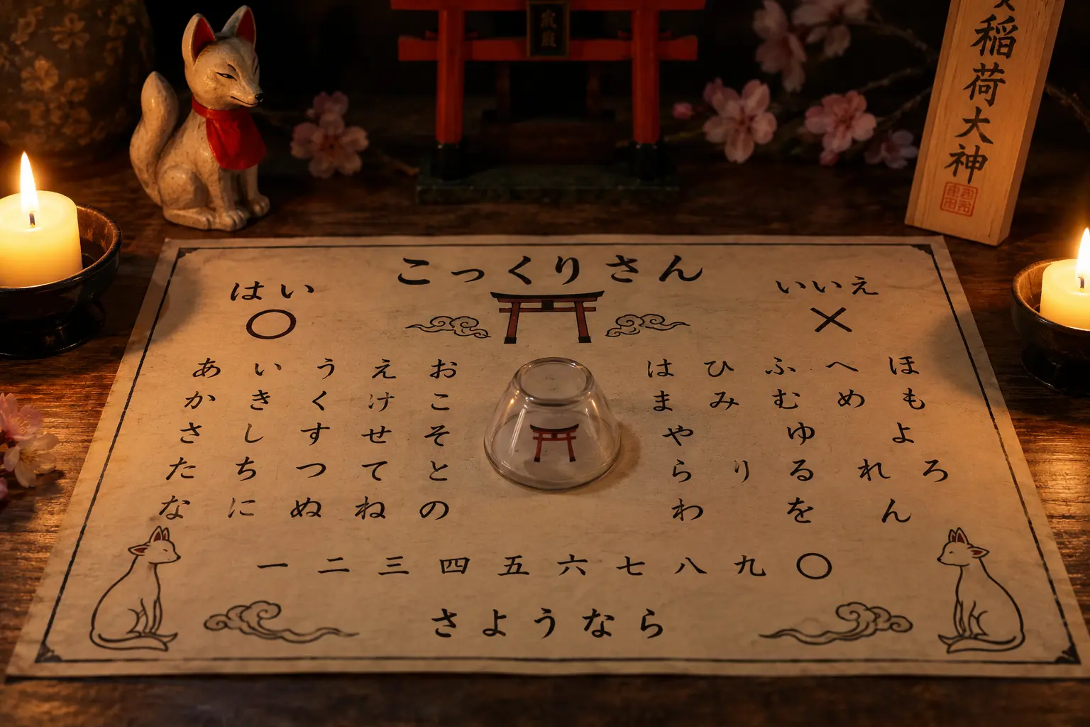 A candlelit Kokkuri-san spirit board with a ten-yen coin
