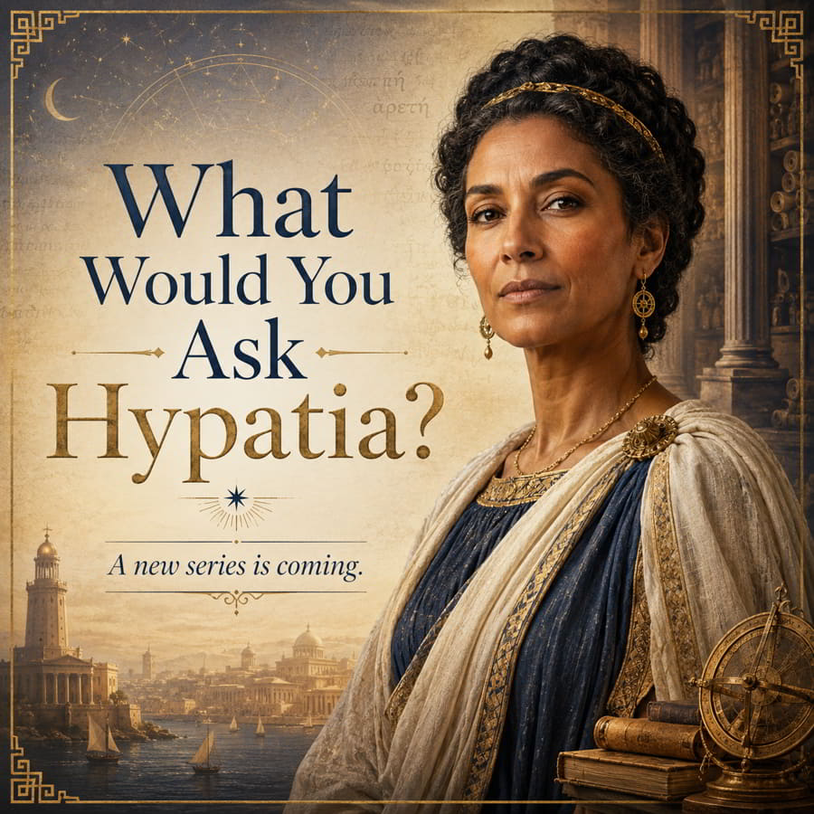 Hypatia in Alexandria beside the words What Would You Ask Hypatia?