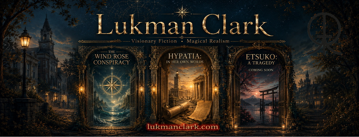 Three ornate doorways opening into the worlds of The Wind Rose Conspiracy, Hypatia: In Her Own Words, and Etsuko